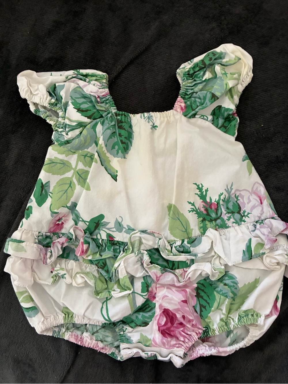 Vintage Plum Pudding White Floral Ruffle Baby Romper